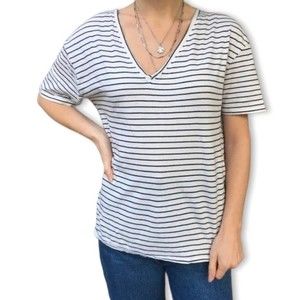 Zara Black White Striped Women's Short Sleeve V-Neck Top Size M